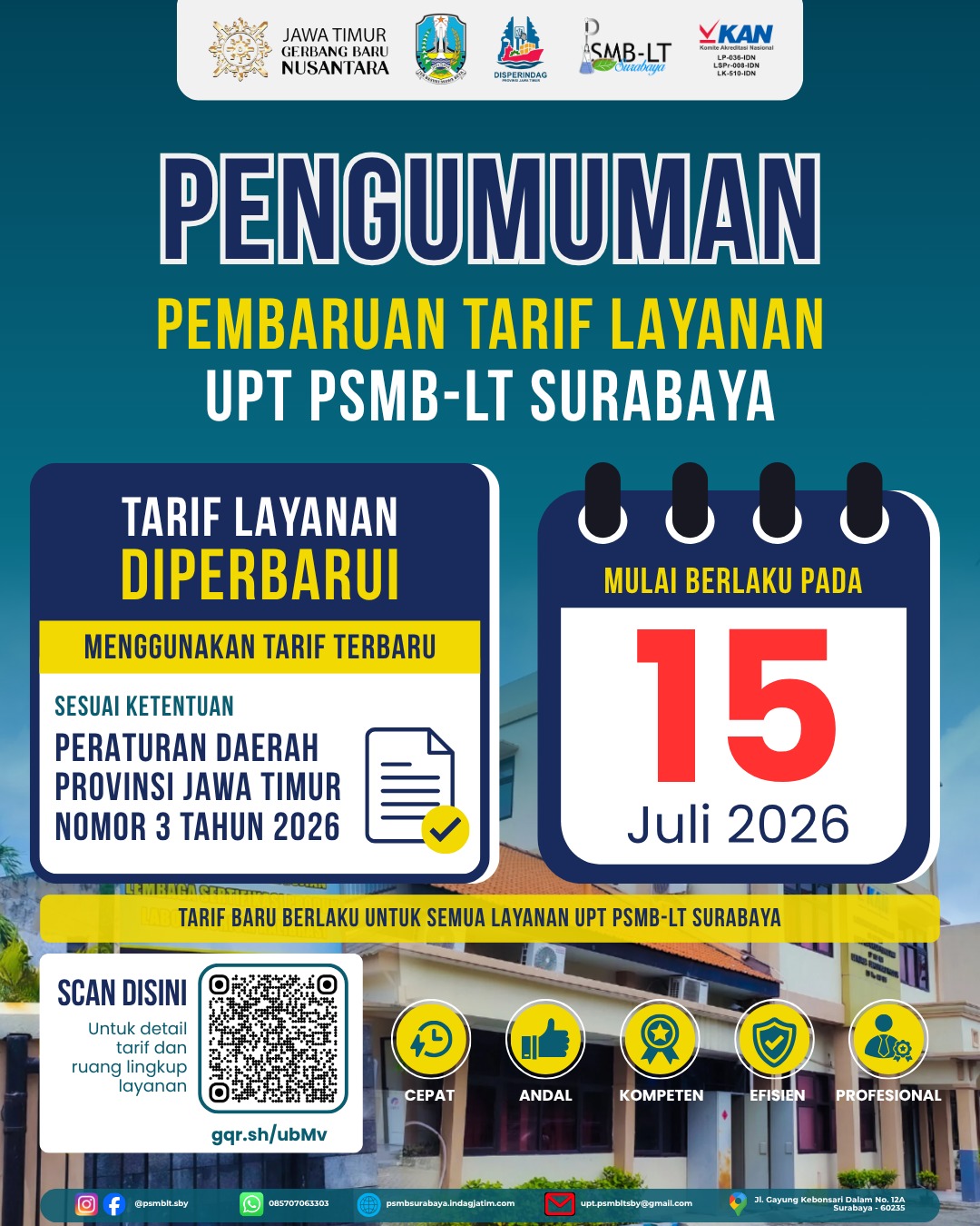 Pemberitahuan pembaruan tarif layanan UPT PSMB-LT Surabaya